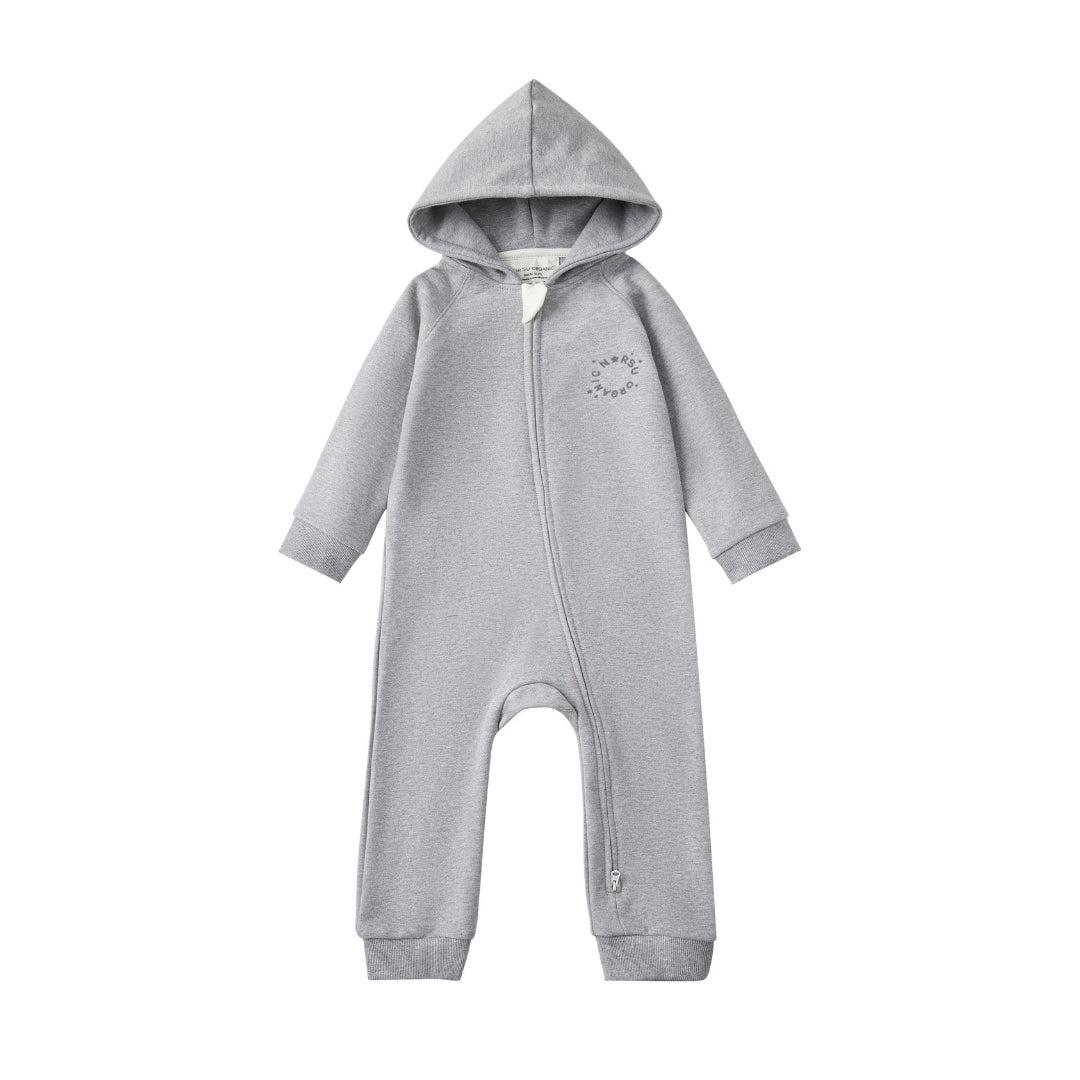 Gray baby onesie with a hood on a white background