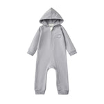 Gray baby onesie with a hood on a white background
