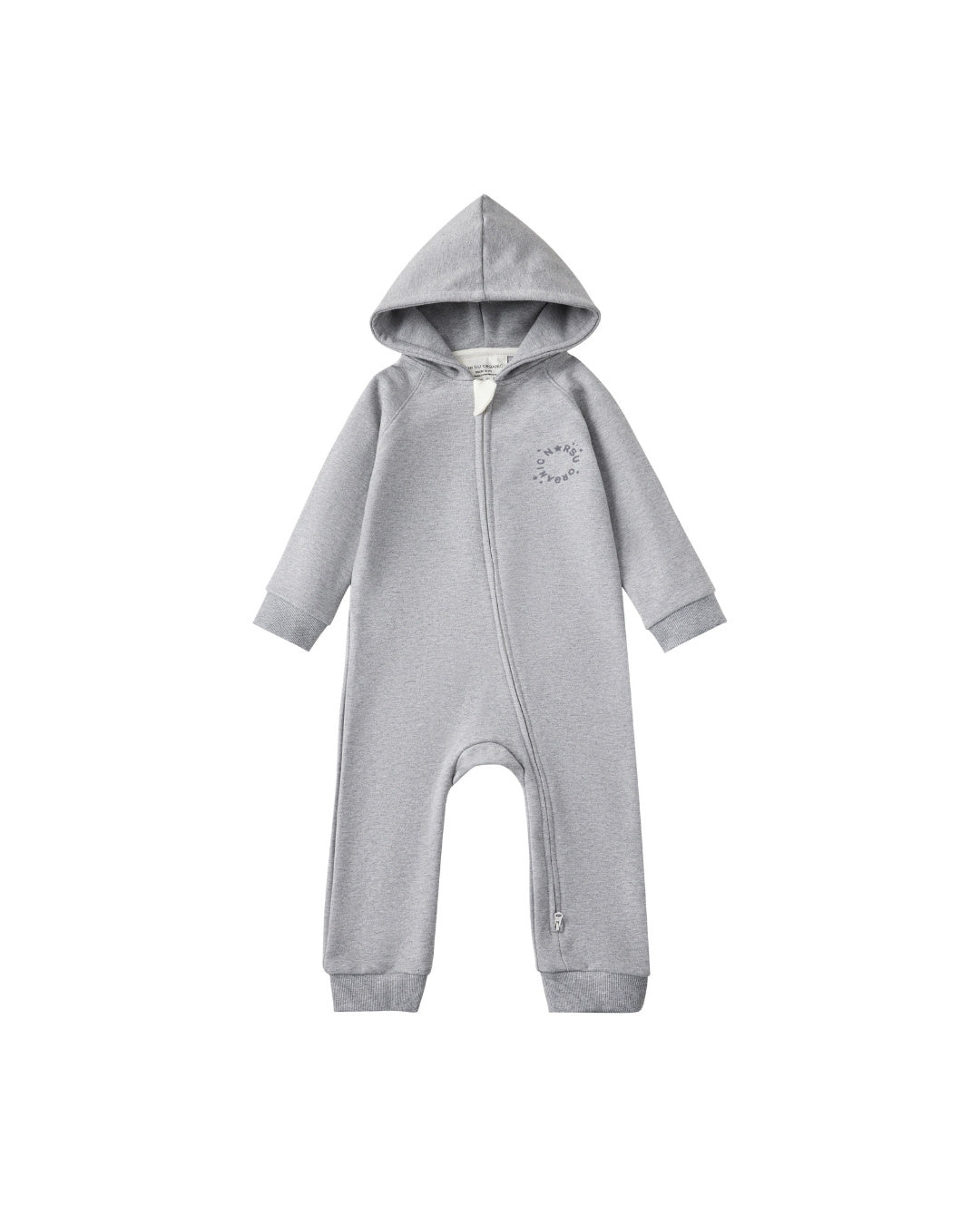 Gray baby onesie with a hood on a white background