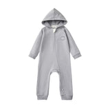 Gray baby onesie with a hood on a white background