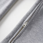 Close-up of a gray zip-up hoodie on a white background