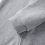 Close-up of a gray sweatshirt with a focus on the sleeve and fabric texture.