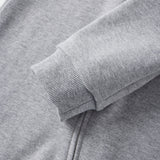 Close-up of a gray sweatshirt with a focus on the sleeve and fabric texture.