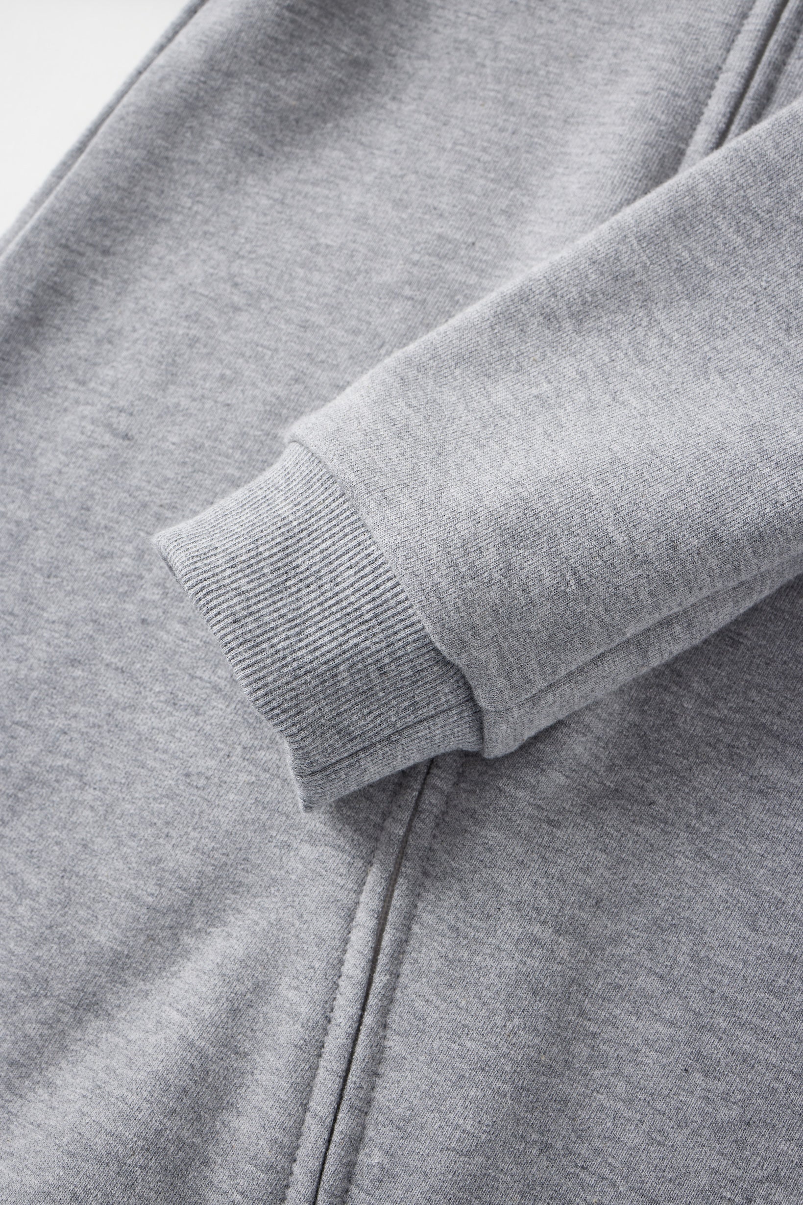 Close-up of a gray sweatshirt with a focus on the sleeve and fabric texture.