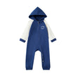 Blue and white baby onesie with a hood on a white background
