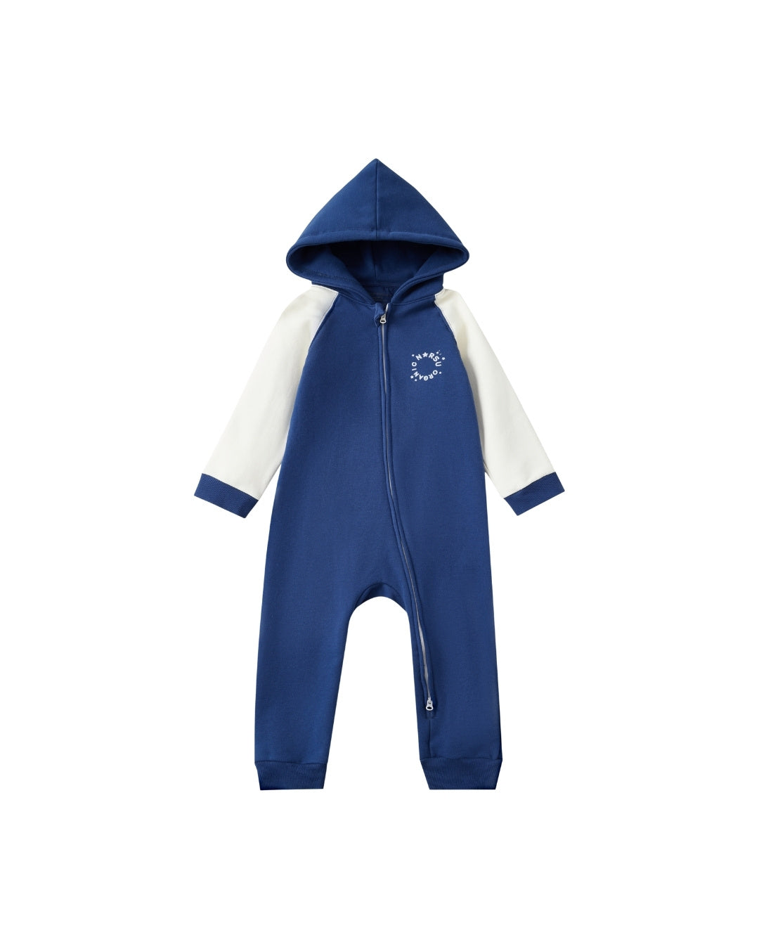 Blue and white baby onesie with a hood on a white background
