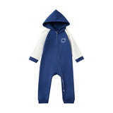 Blue and white baby onesie with a hood on a white background