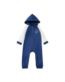 Blue and white baby onesie with a hood on a white background