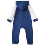 Blue and white baby onesie with a hood on a white background