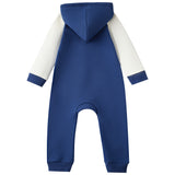 Blue and white baby onesie with a hood on a white background