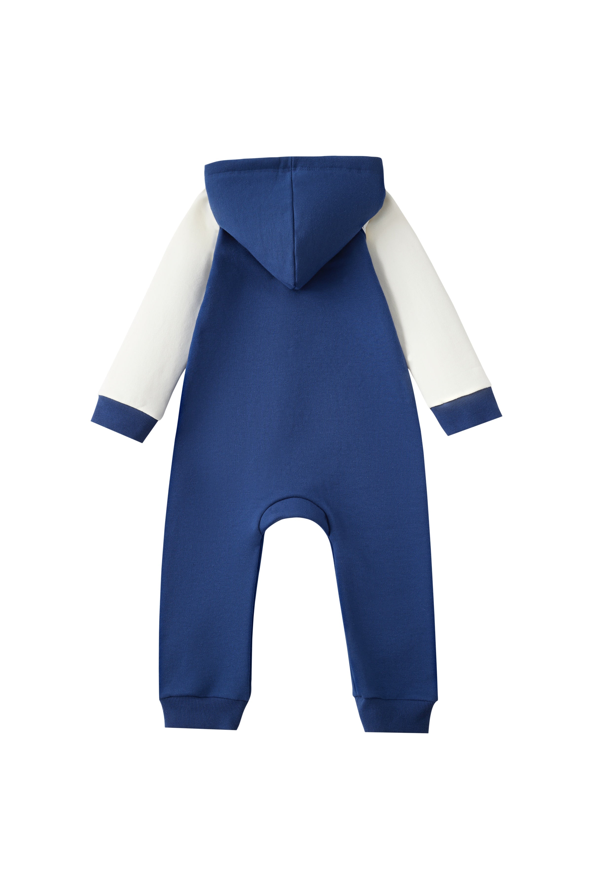 Blue and white baby onesie with a hood on a white background