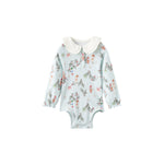 Floral-patterned baby onesie with a white collar on a white background