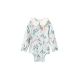 Floral-patterned baby onesie with a white collar on a white background