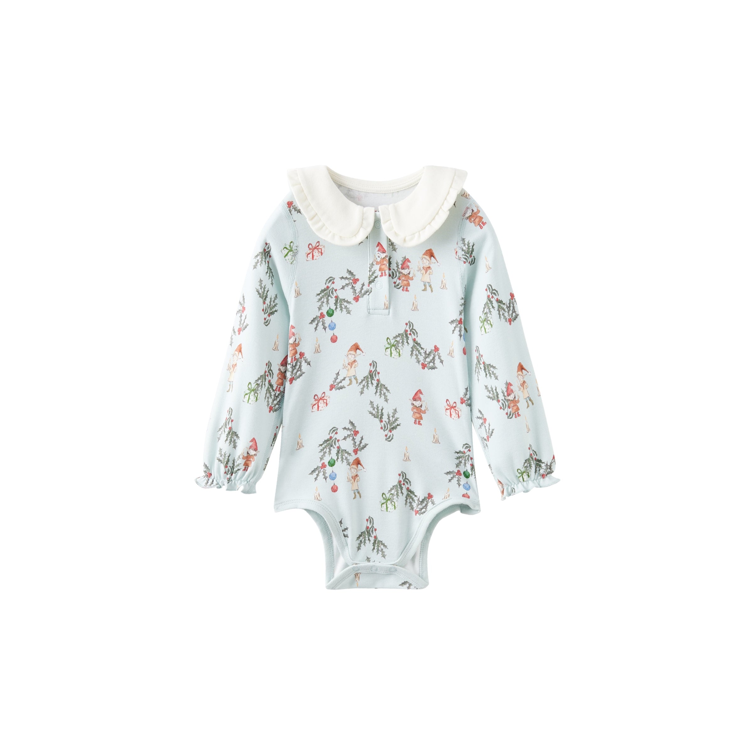 Floral-patterned baby onesie with a white collar on a white background