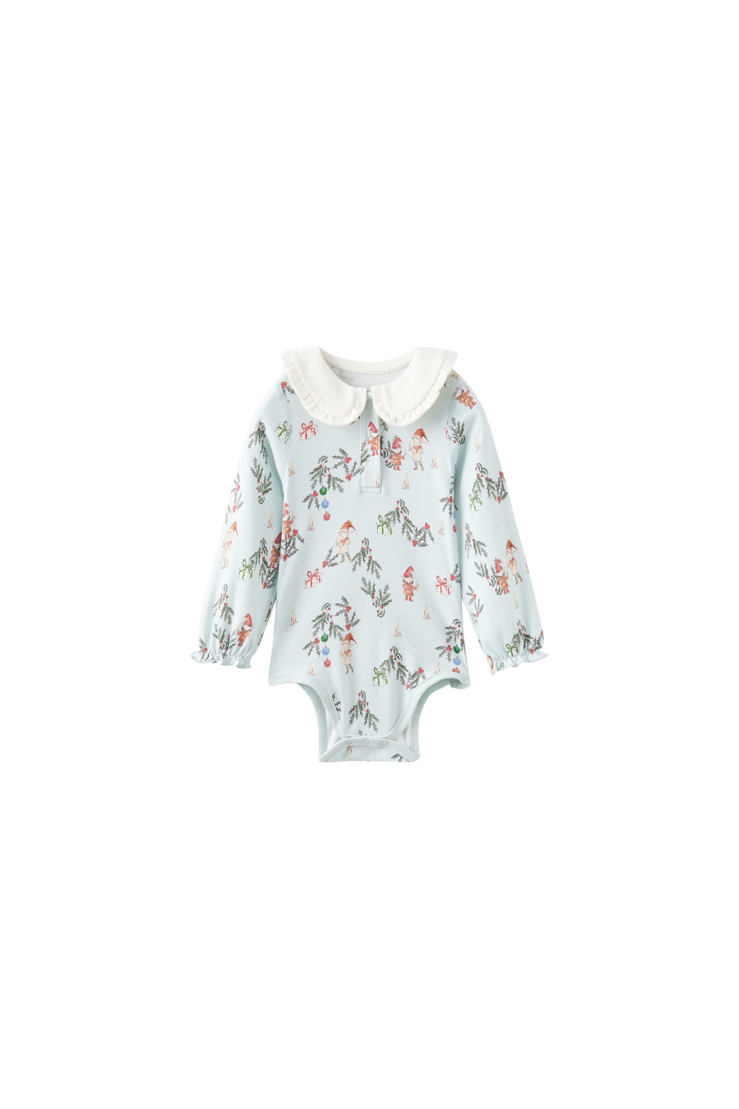 Floral-patterned baby onesie with a white collar on a white background
