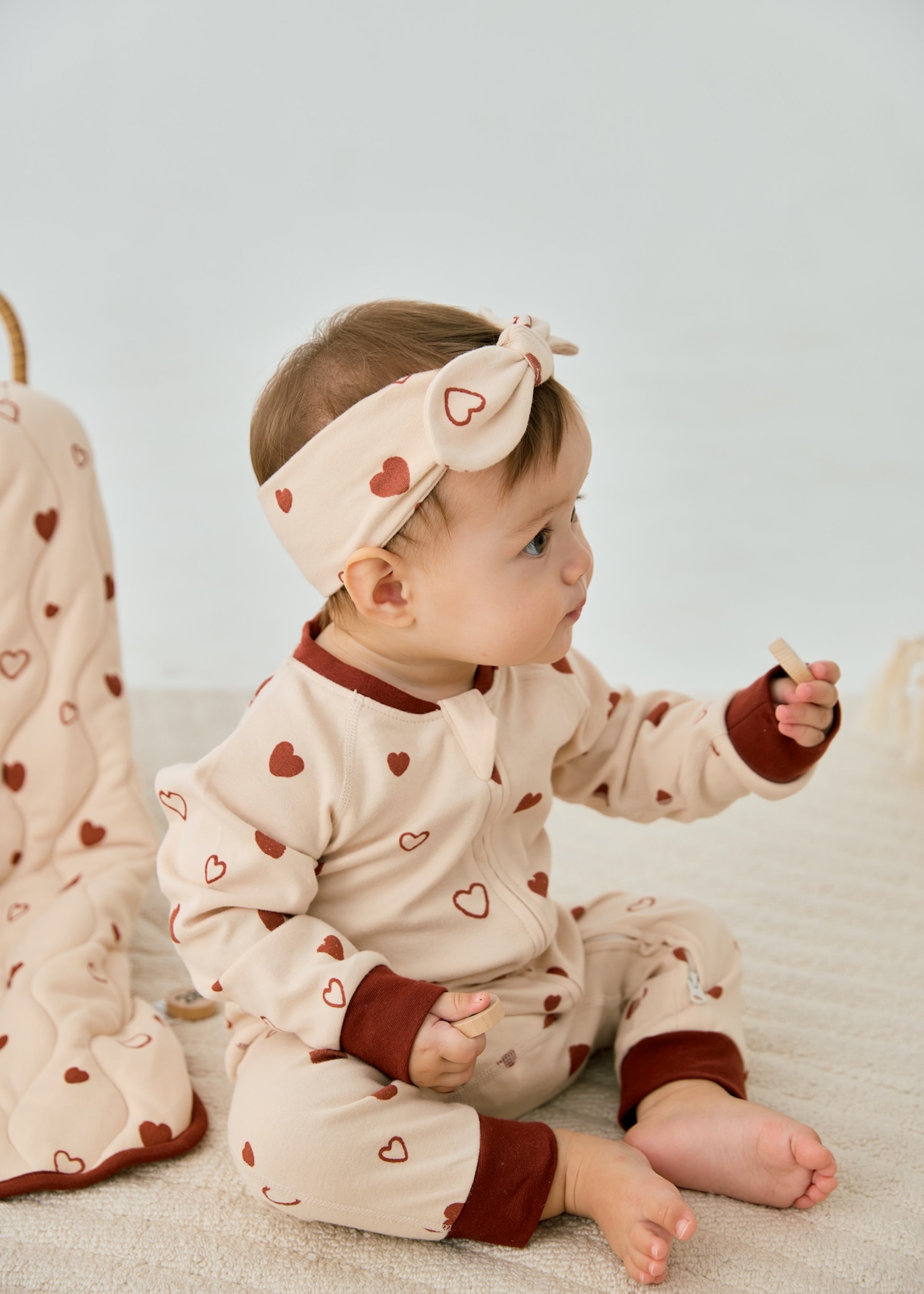 Baby Organic Cotton Zip-up Sleeper-Hearts and head bow