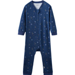 Blue baby onesie with hockey pattern on a white background