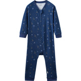 Blue baby onesie with hockey pattern on a white background