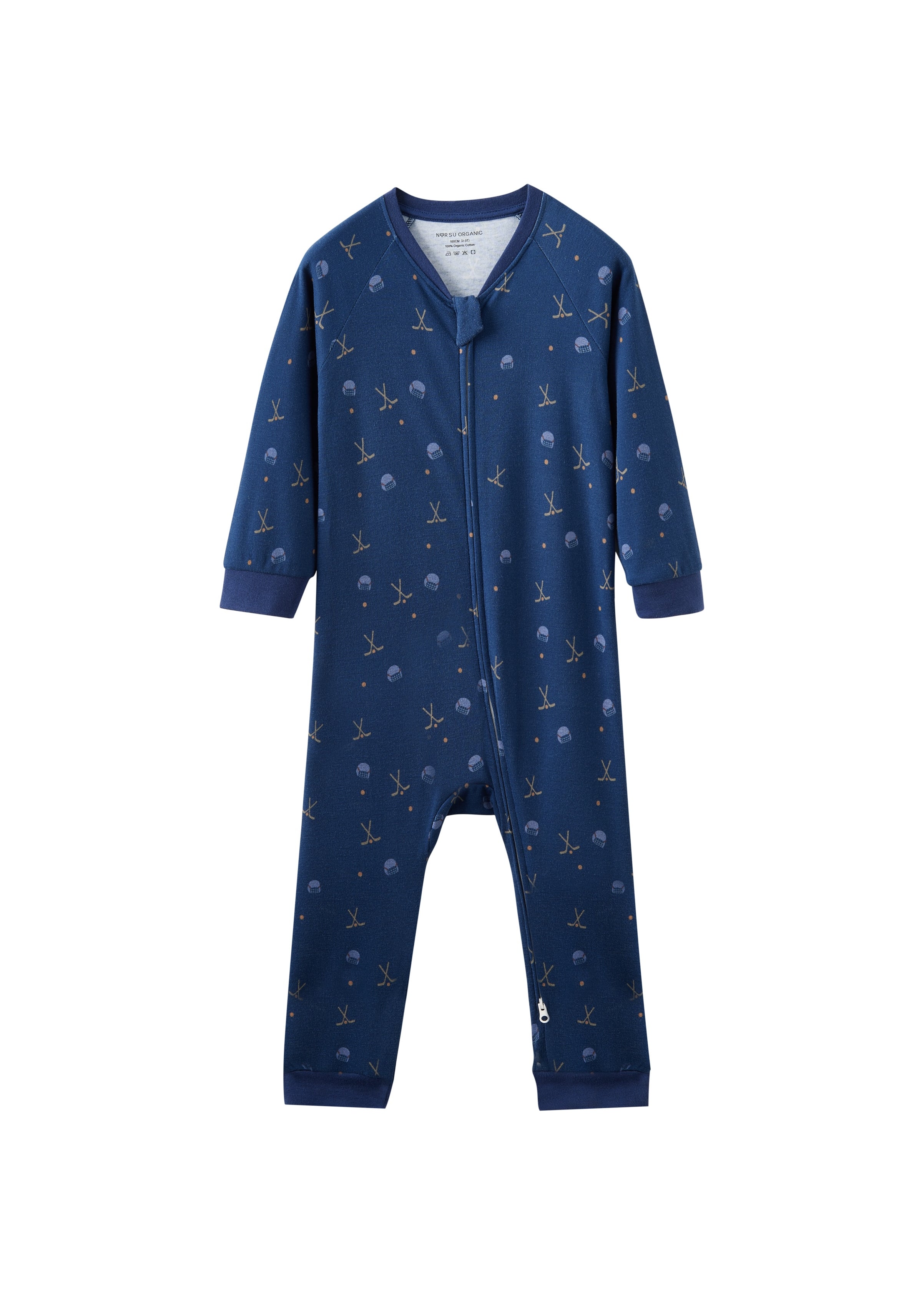 Blue baby onesie with hockey pattern on a white background