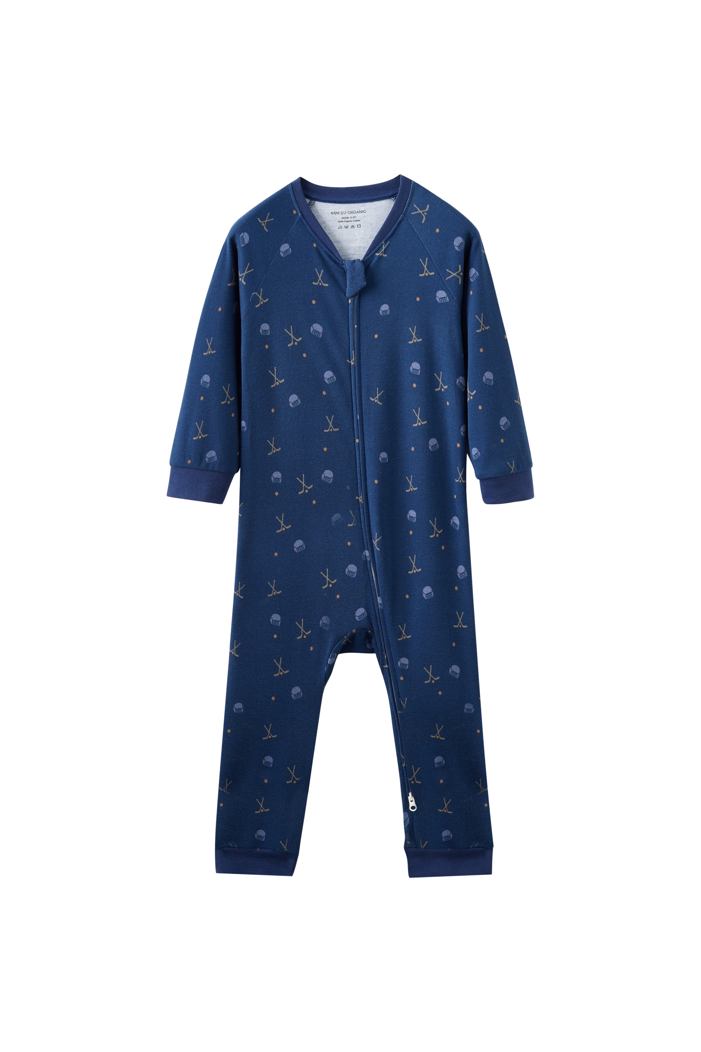 Blue baby onesie with hockey pattern on a white background
