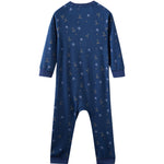 Navy blue baby sleeper with a pattern on a white background