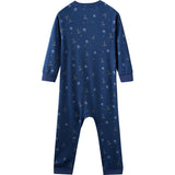 Navy blue baby sleeper with a pattern on a white background
