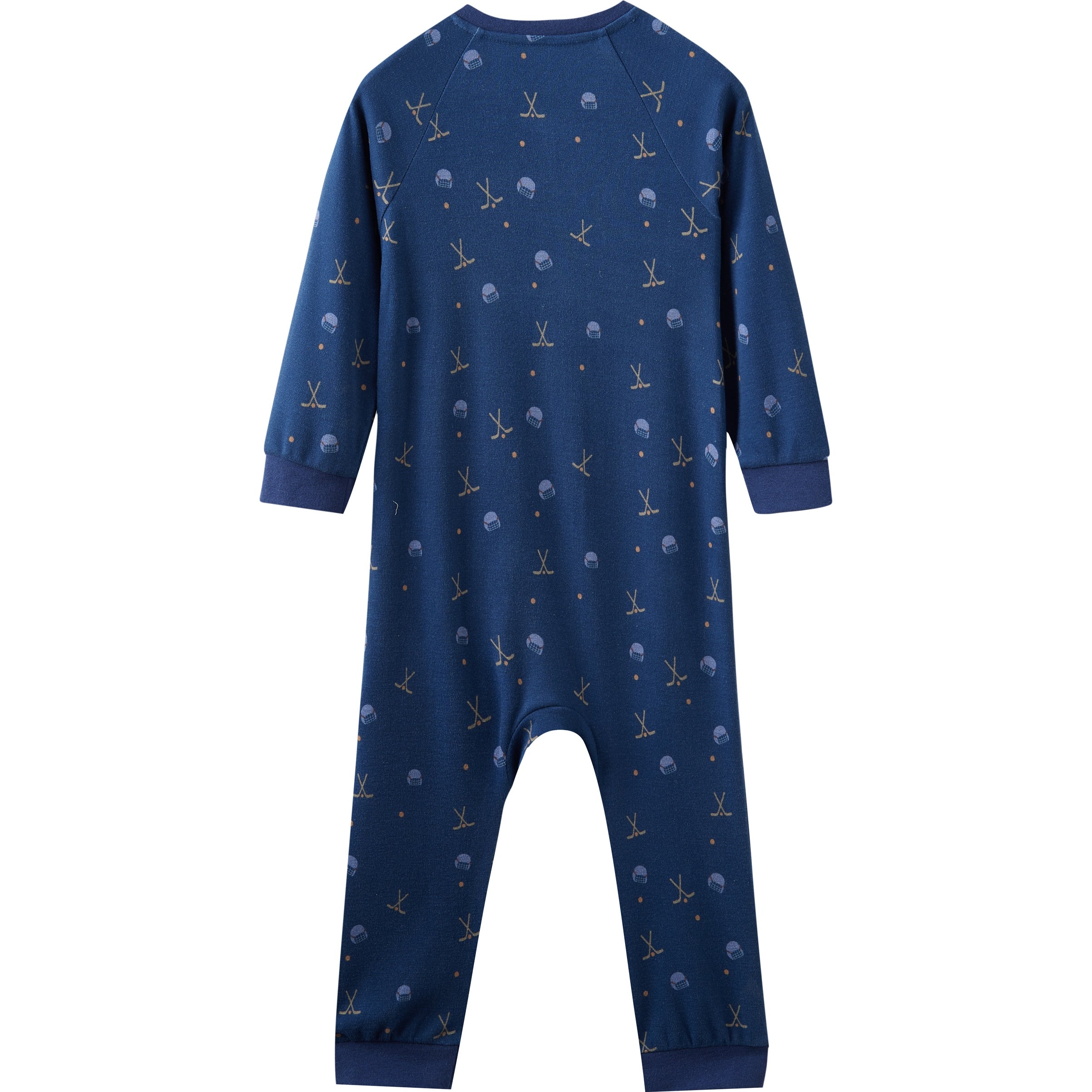 Navy blue baby sleeper with a pattern on a white background