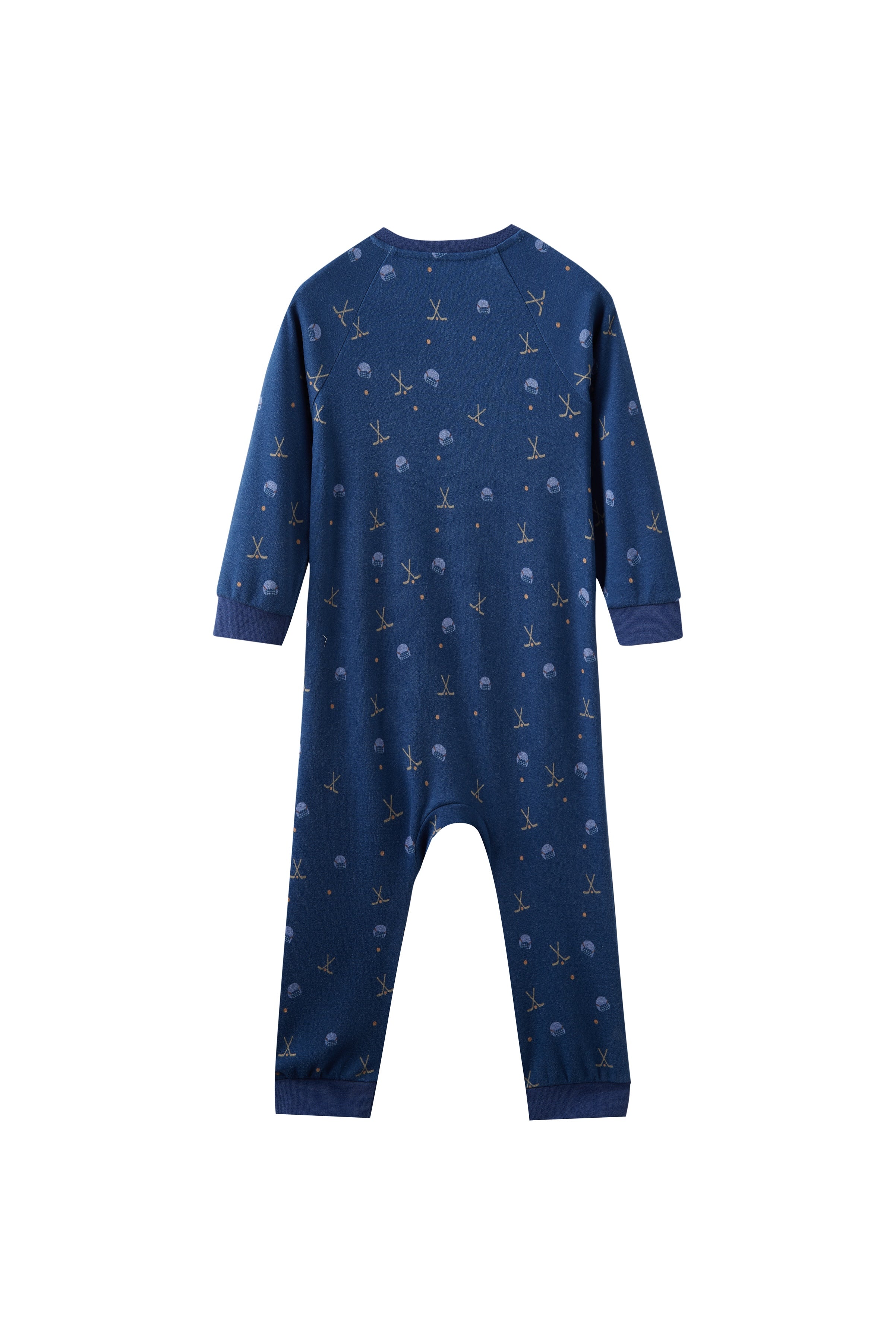 Navy blue baby sleeper with a pattern on a white background