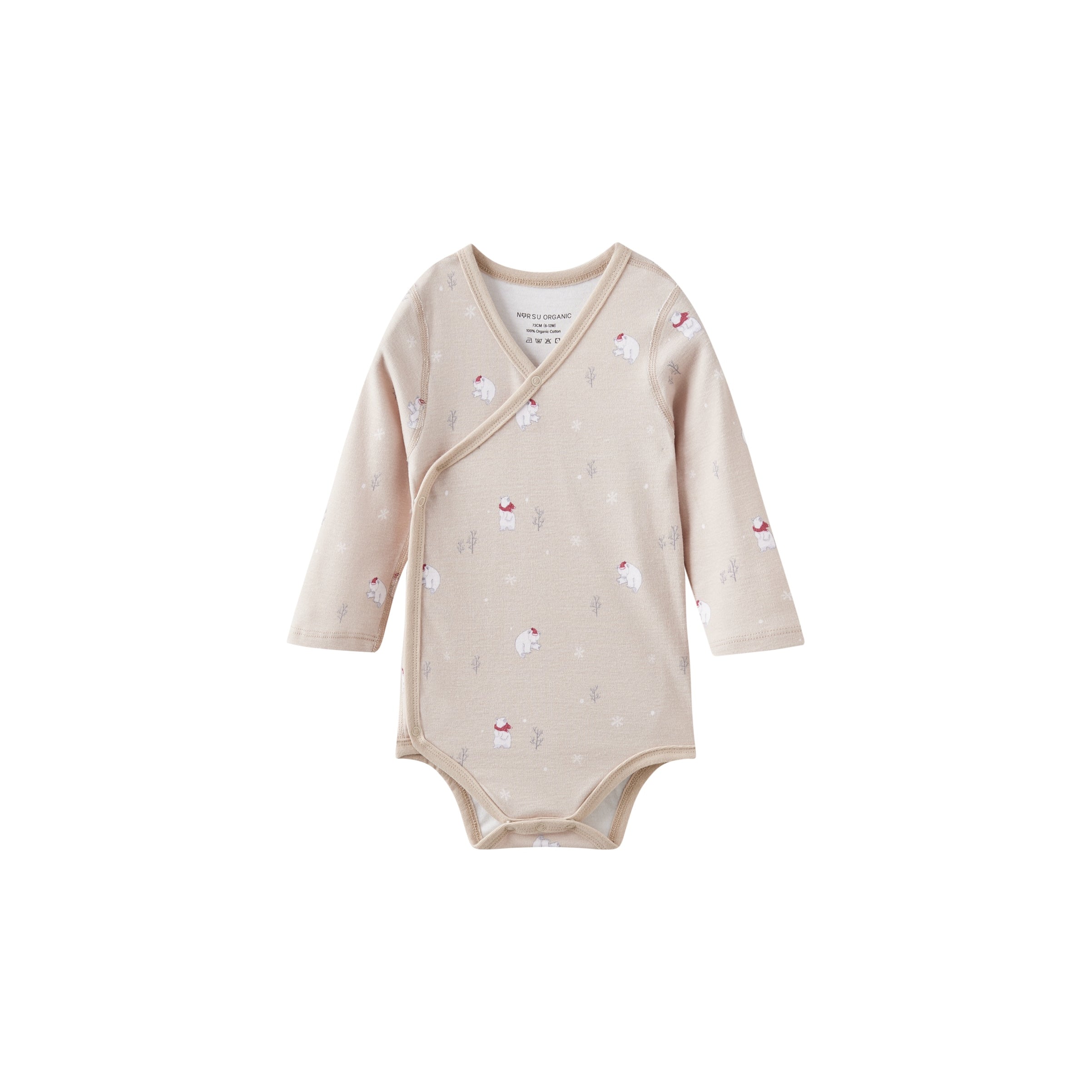 Beige baby onesie with polar bear patterns on a white background