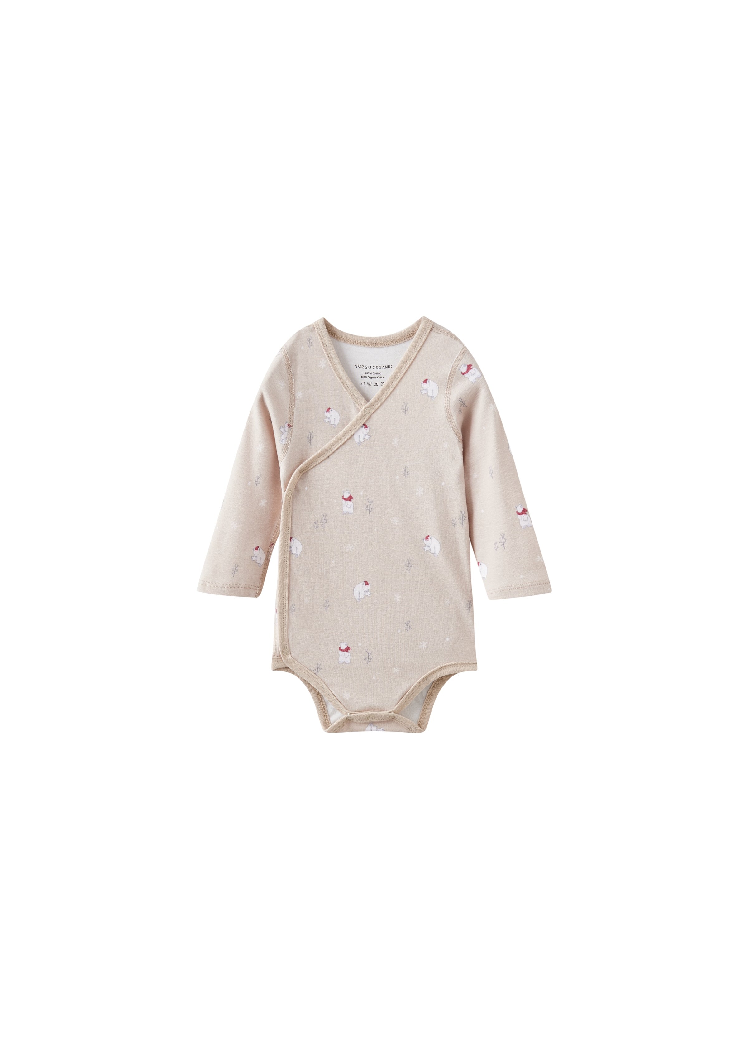 Beige baby onesie with polar bear patterns on a white background