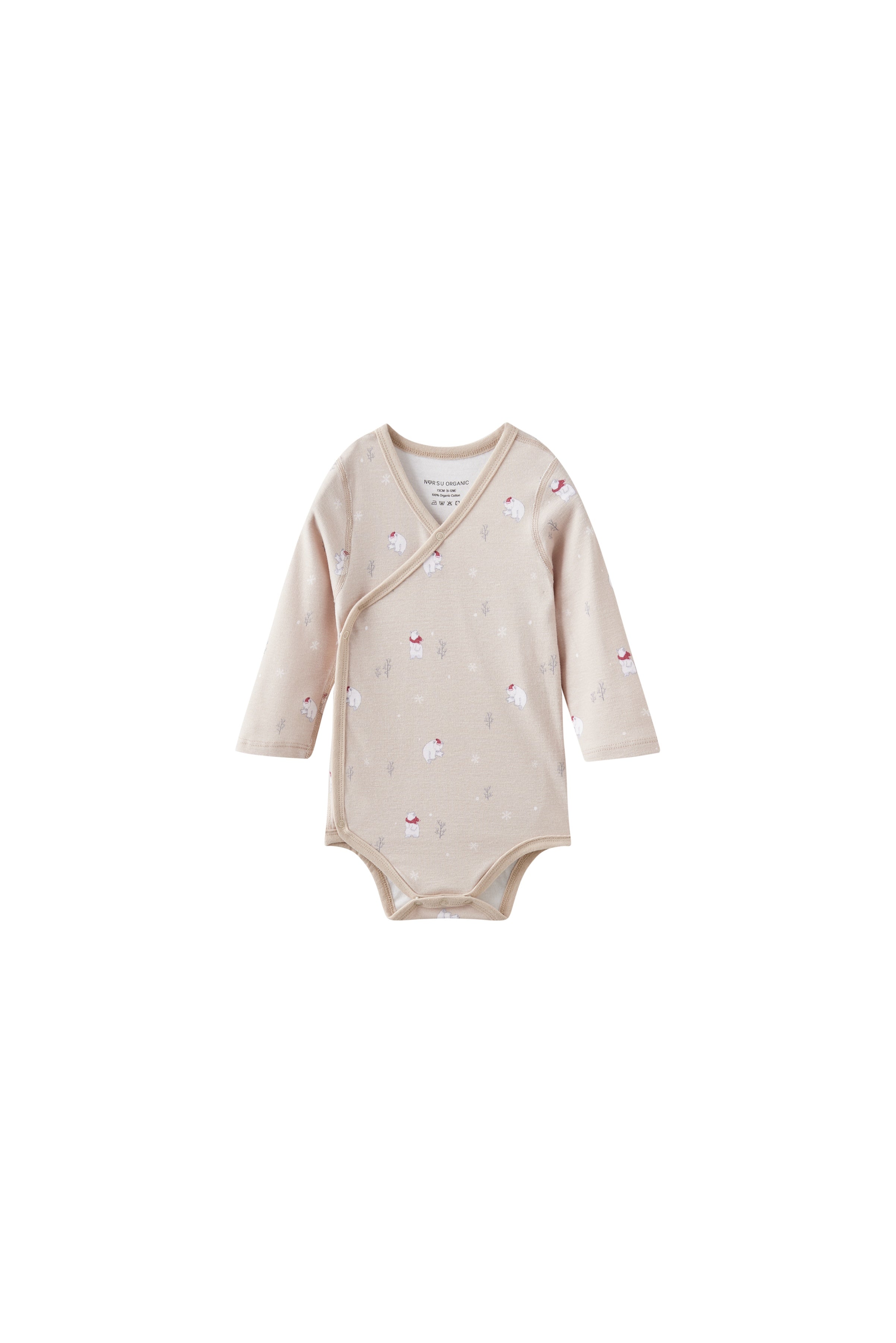 Beige baby onesie with polar bear patterns on a white background