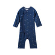 Navy blue baby sleeper with hockey pattern on a white background