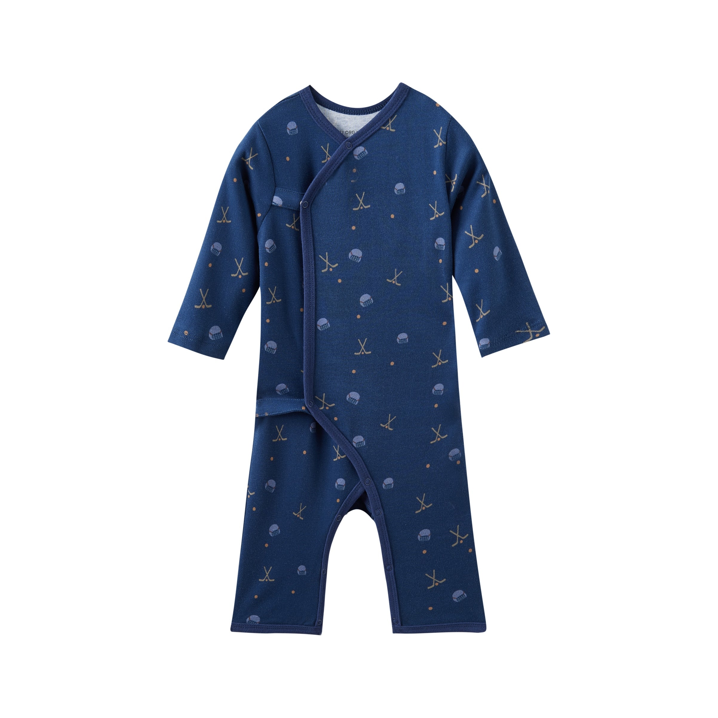 Navy blue baby sleeper with hockey pattern on a white background