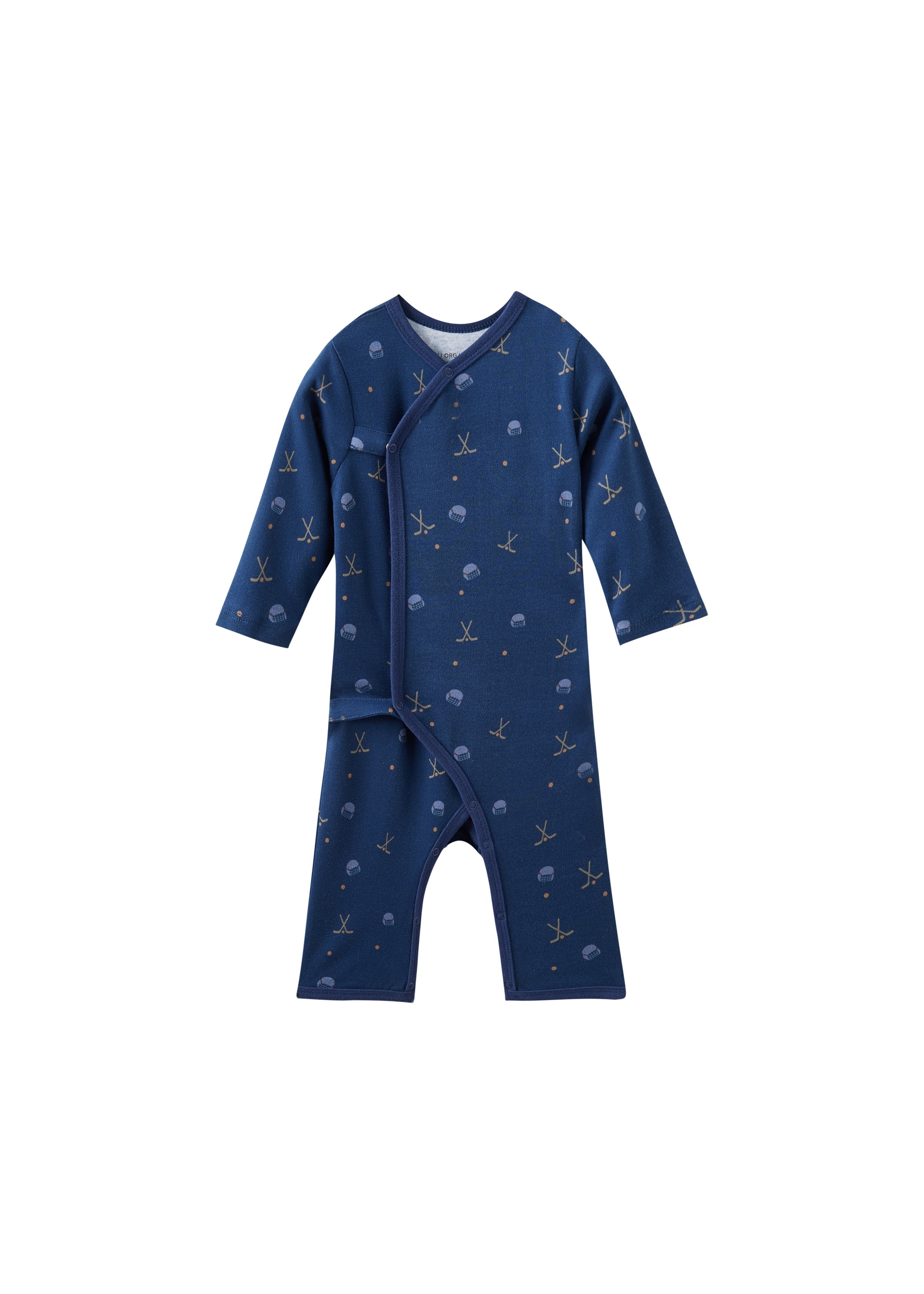 Navy blue baby sleeper with hockey pattern on a white background