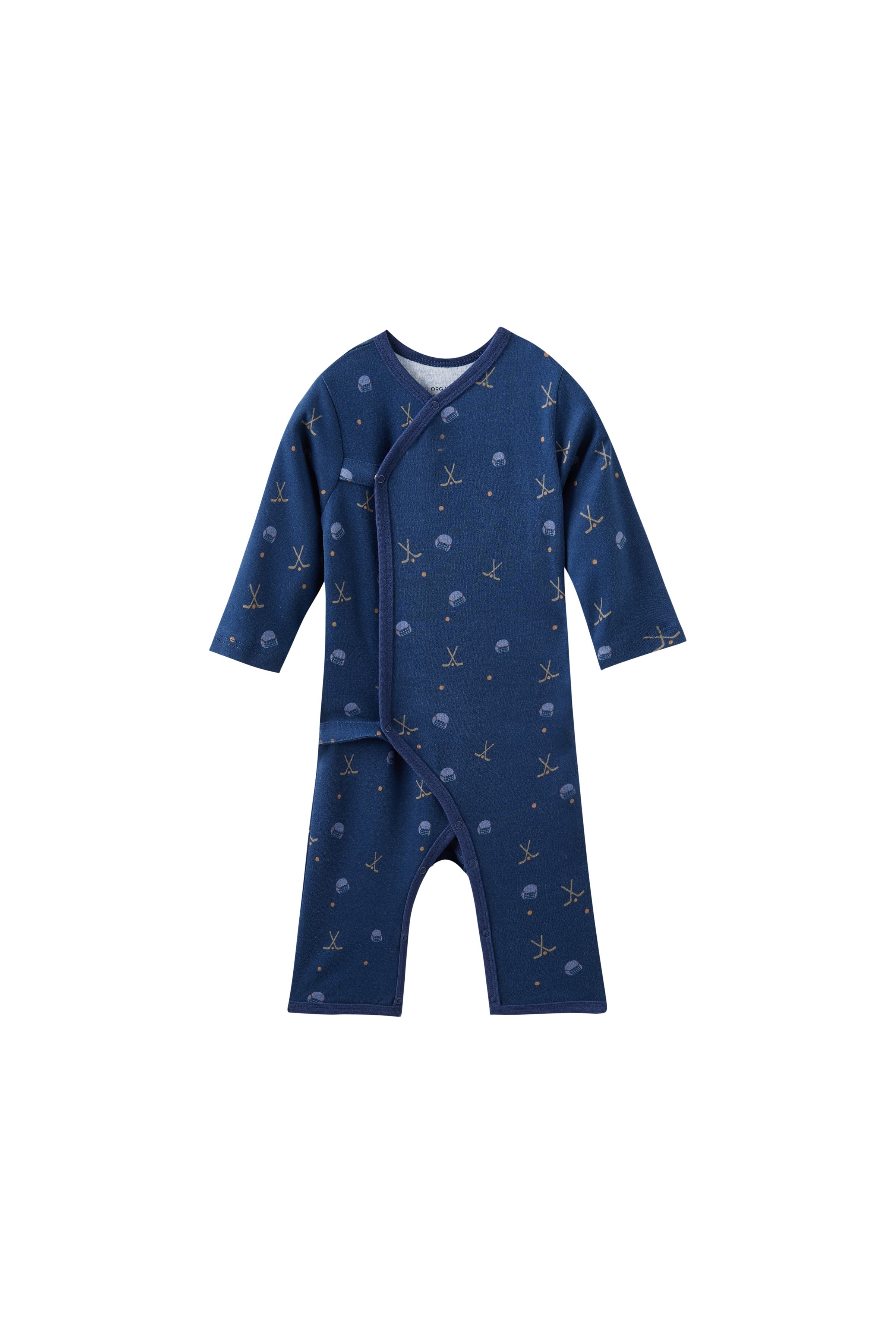 Navy blue baby sleeper with hockey pattern on a white background