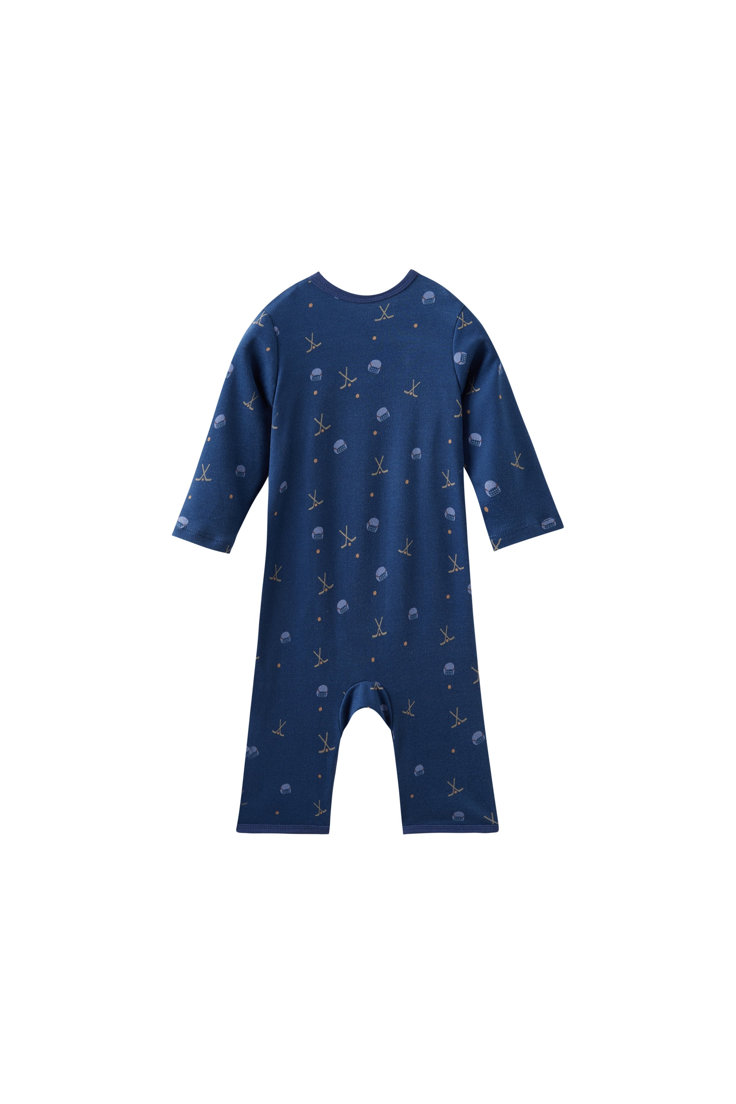 Navy blue baby sleeper with hockey pattern on a white background