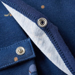 Close-up of a blue garment with buttons and embroidered details