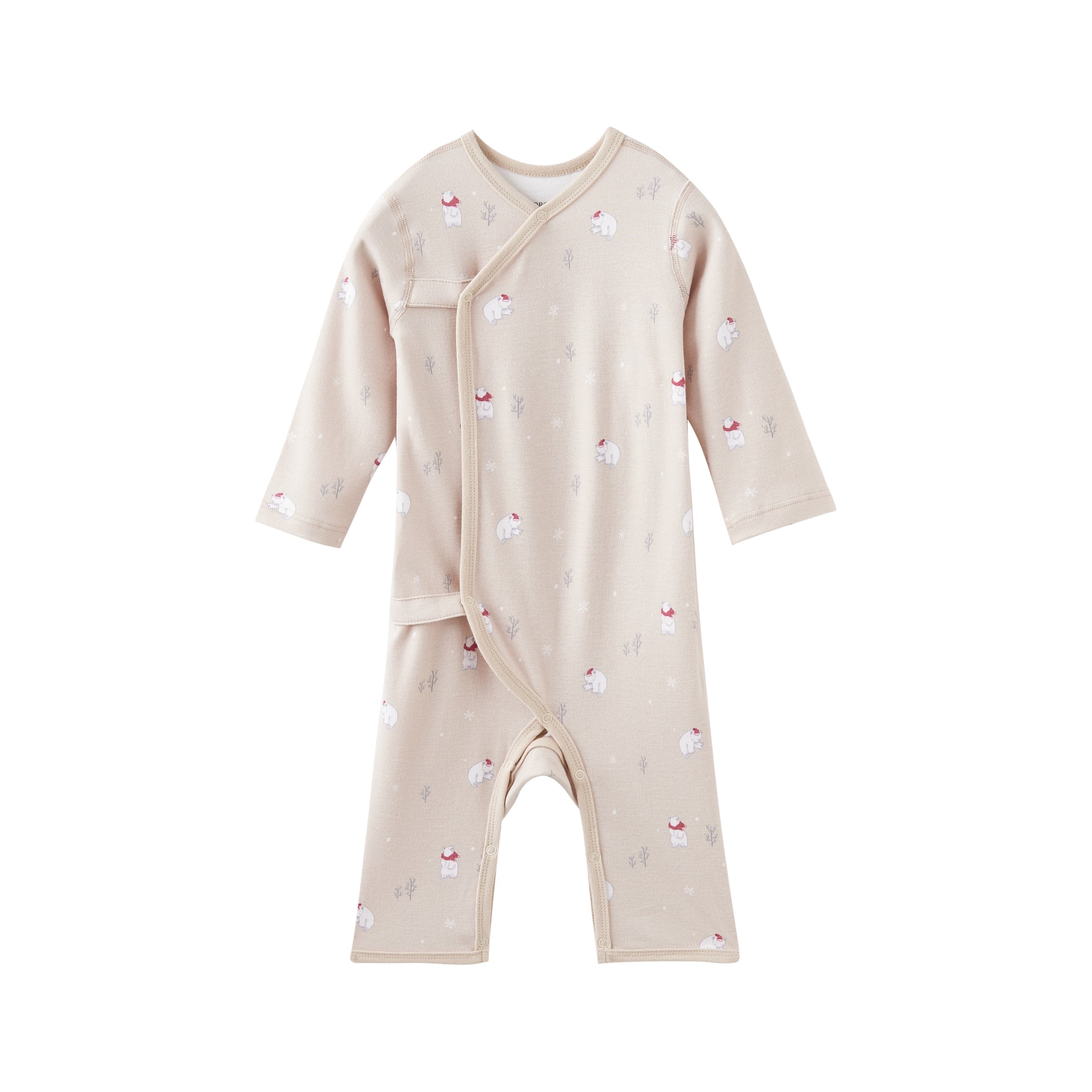 Baby onesie with polar bear pattern on a white background