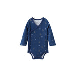 Blue baby onesie with a hockey pattern on a white background