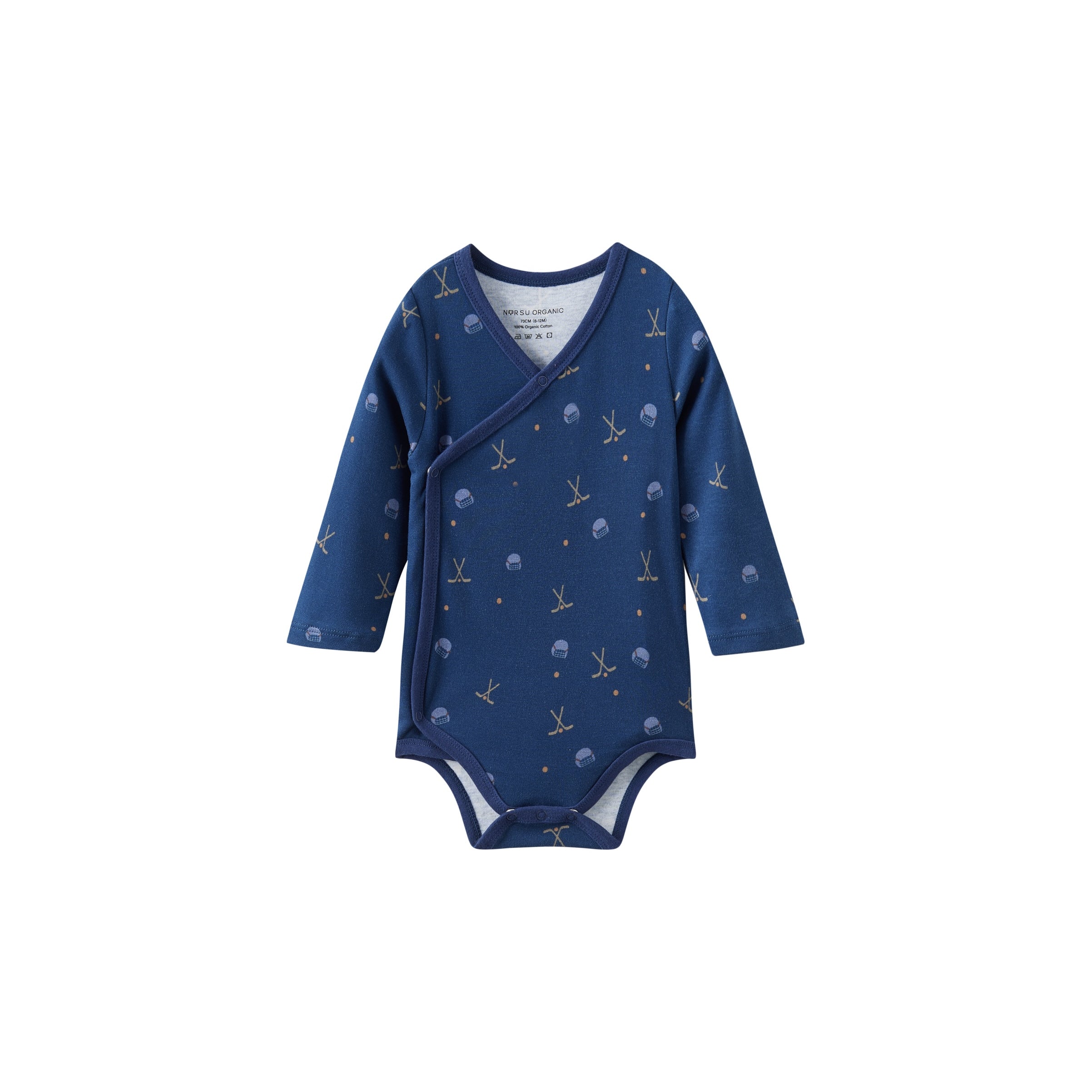 Blue baby onesie with a hockey pattern on a white background