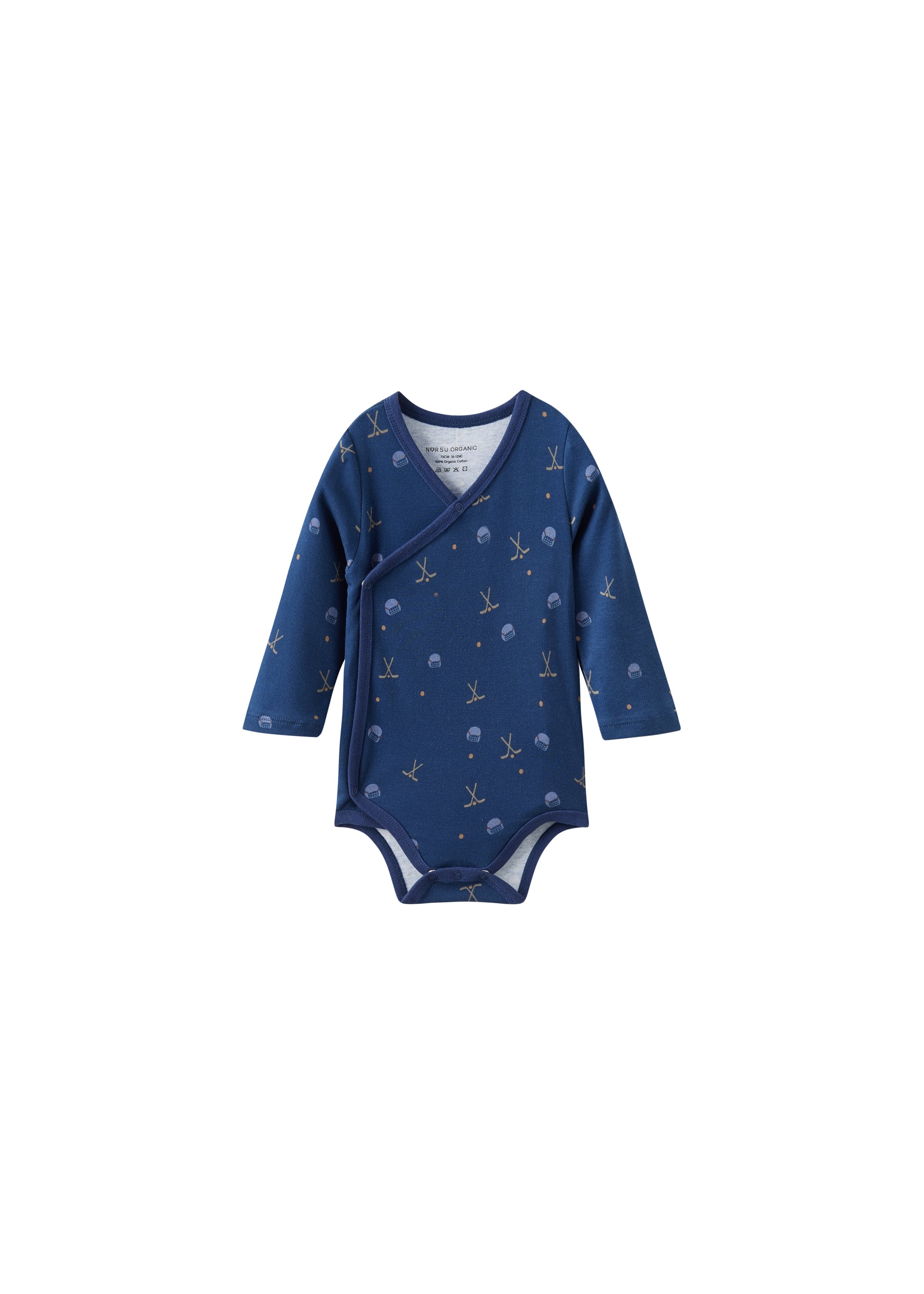 Blue baby onesie with a hockey pattern on a white background