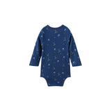 Navy blue baby onesie with pattern on a white background