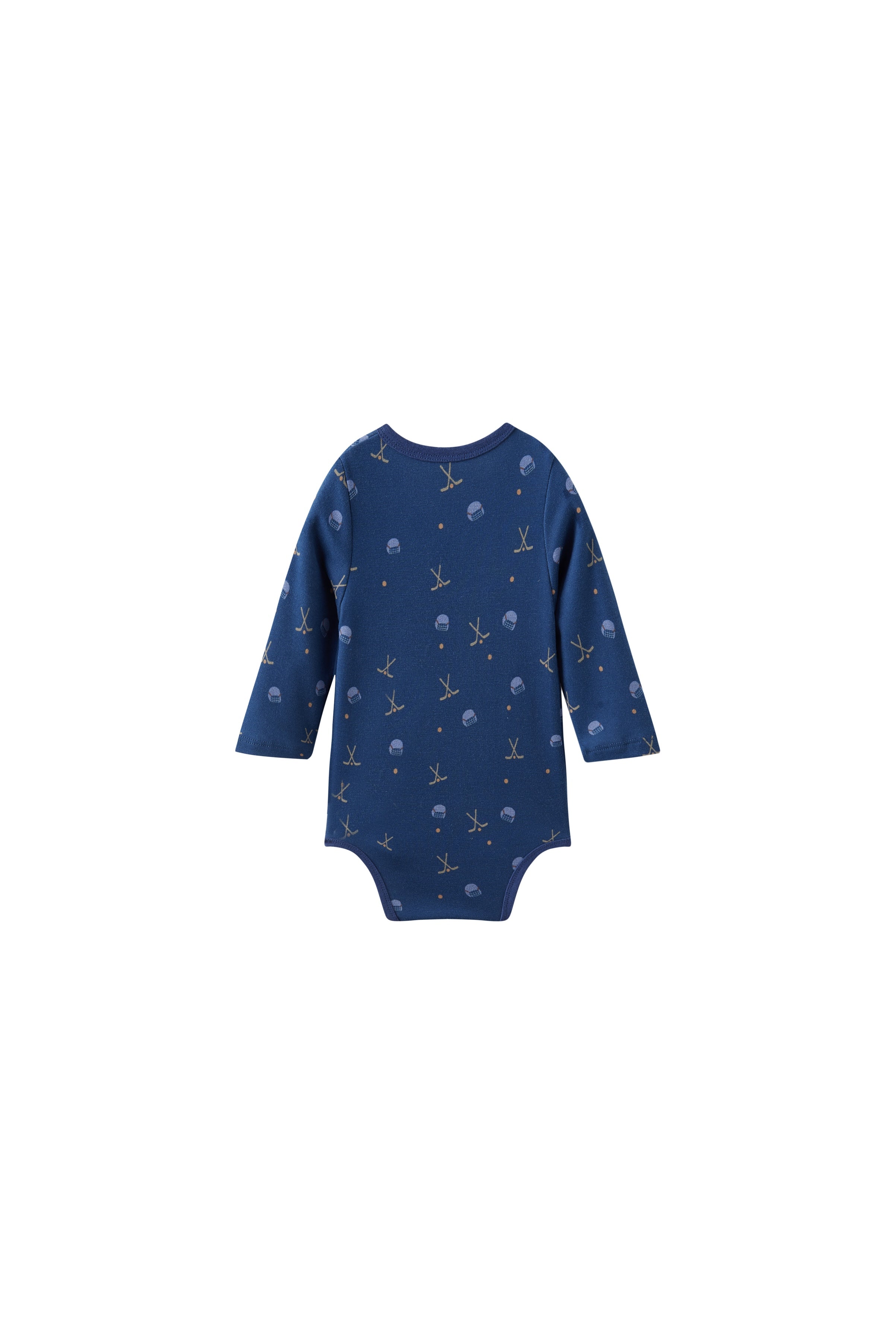 Navy blue baby onesie with pattern on a white background