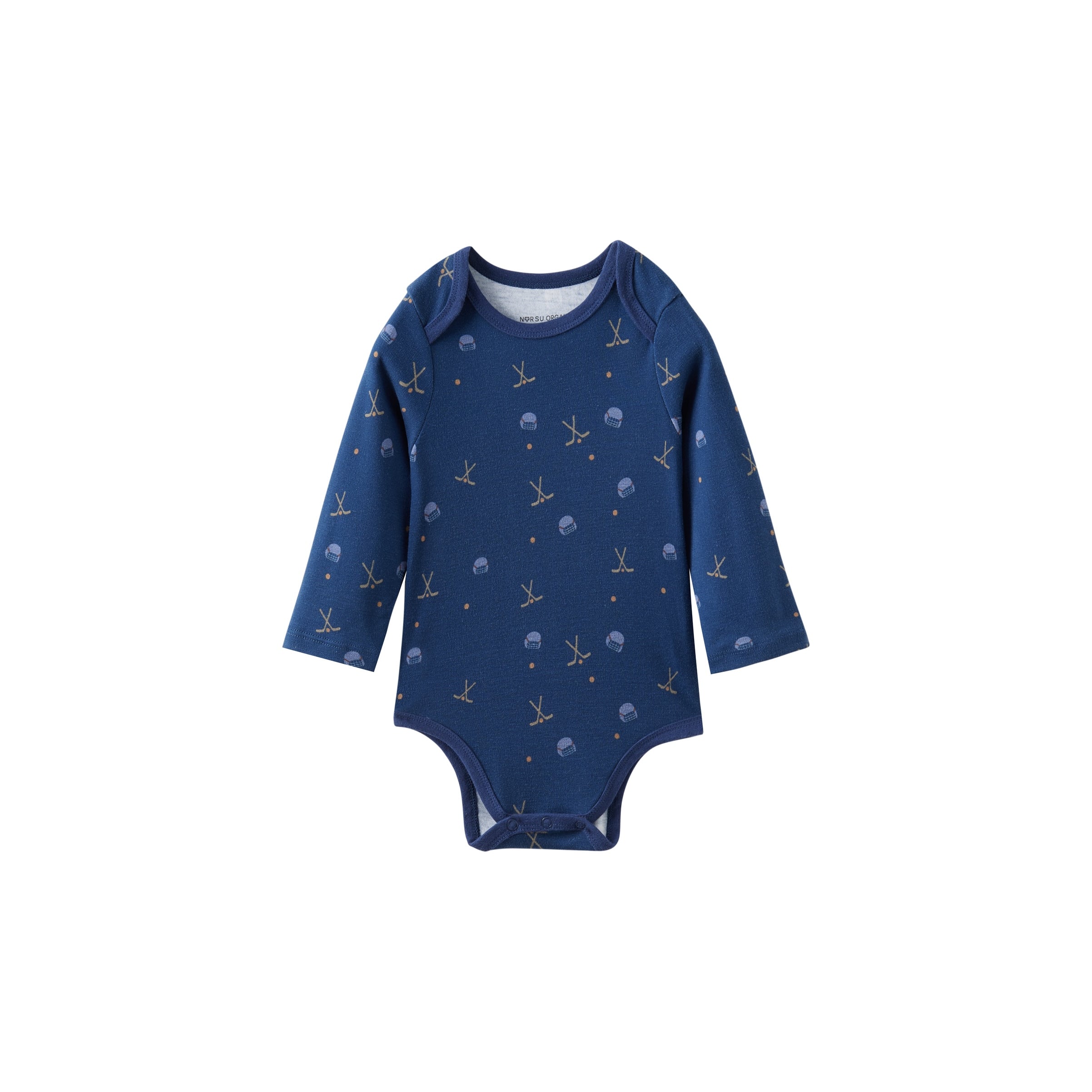 Blue baby onesie with pattern on a white background