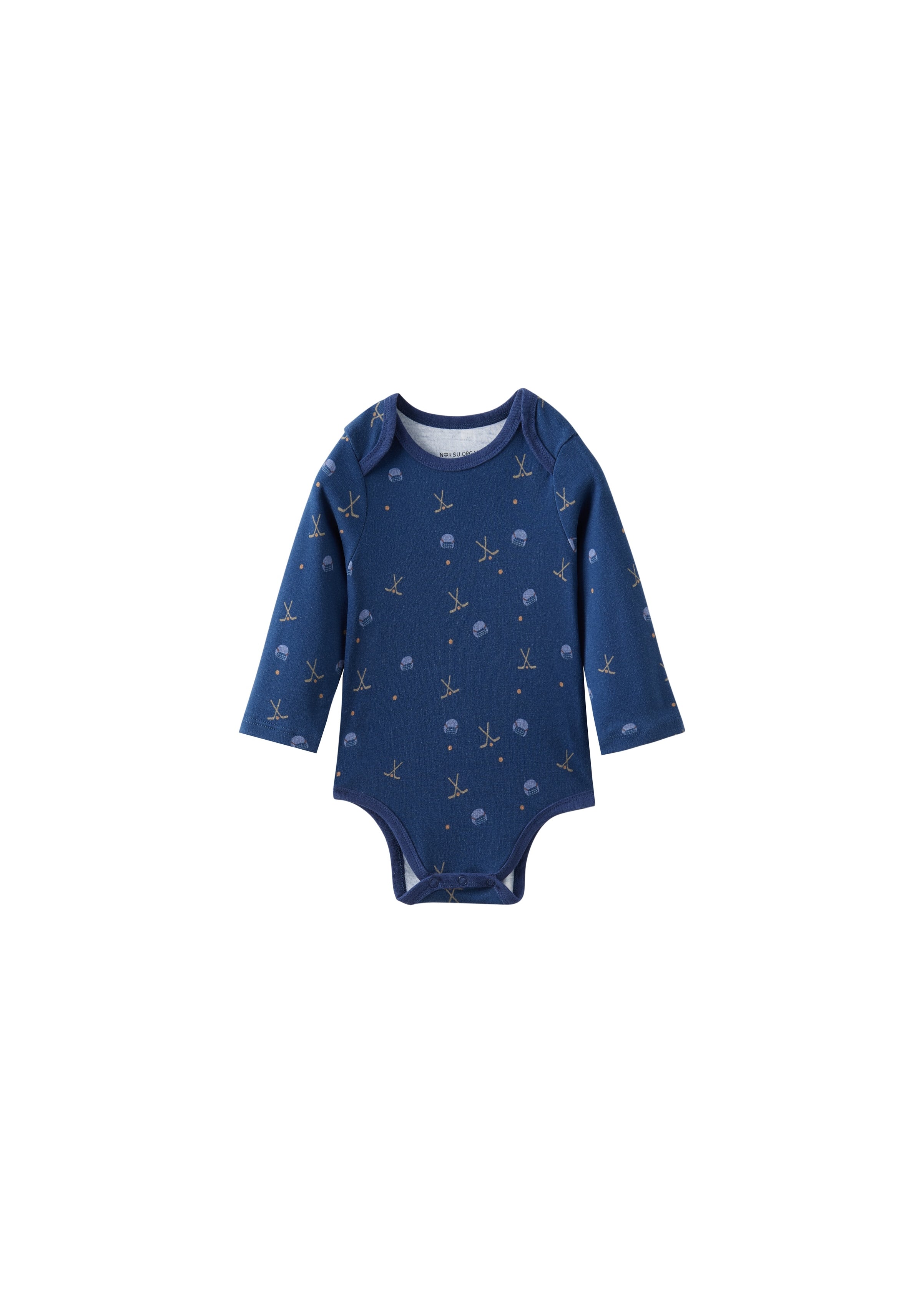 Blue baby onesie with pattern on a white background