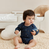 Baby in a blue onesie sitting on a beige carpet