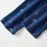 onesie sleeve with sports-themed embroidery on a white background