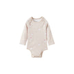 Beige baby bodysuit with bear pattern on a white background