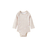 Beige baby bodysuit with bear pattern on a white background
