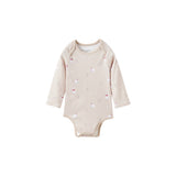 Beige baby bodysuit with bear pattern on a white background
